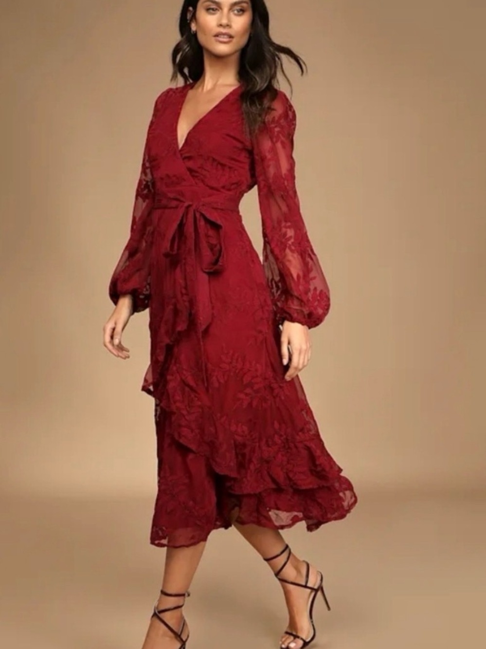 Lulu’s Faux Wrap-Front Burgundy Lace Midi Dress